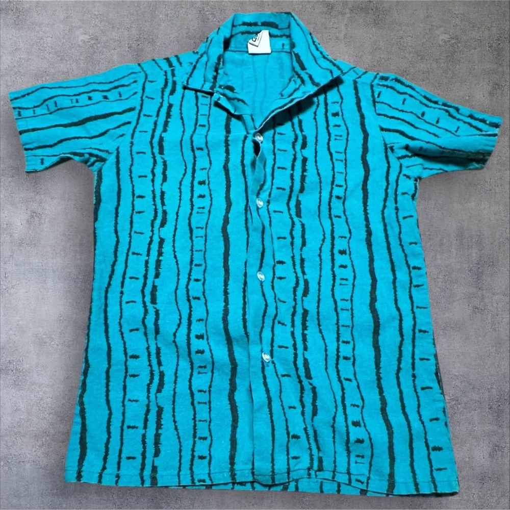 Vintage 90s Garan Short Sleeve Button Front‎ Shirt Teal Black Stripe USA M